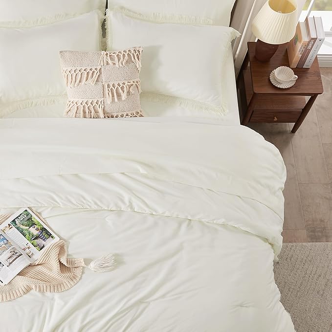 Andency Oversized King Comforter Set with Sheets 120x120 Ivory - 7 Pieces Boho Tassel Bed in a Bag Soft Lightweight Bedding Sets, Fringe Bed Set with Comforter, Sheets, Pillowcases & Shams