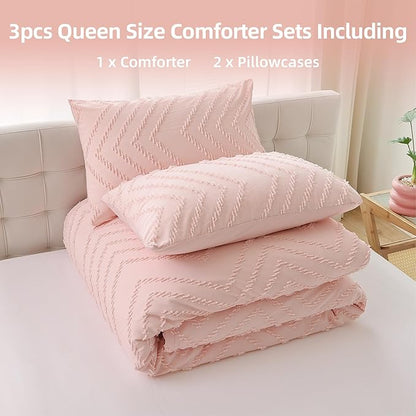 YIRDDEO Pink Queen Size Comforter Set 3Pcs - Boho Chevron Blush Farmhouse Bedding, Vertical Tufted Lightweight Neutral Bed Set (1 Comforter, 2 Pillowcases)