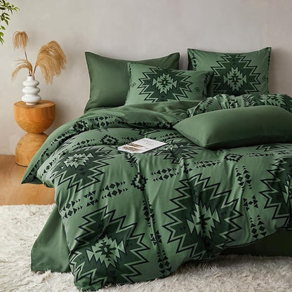 Wake In Cloud - Western Comforter Set, Boho Southwestern Rustic Farmhouse Style with Aztec Geometric Block Pattern, Soft Lightweight Bedding, 3 Pieces, Dark Olive Green, King Size