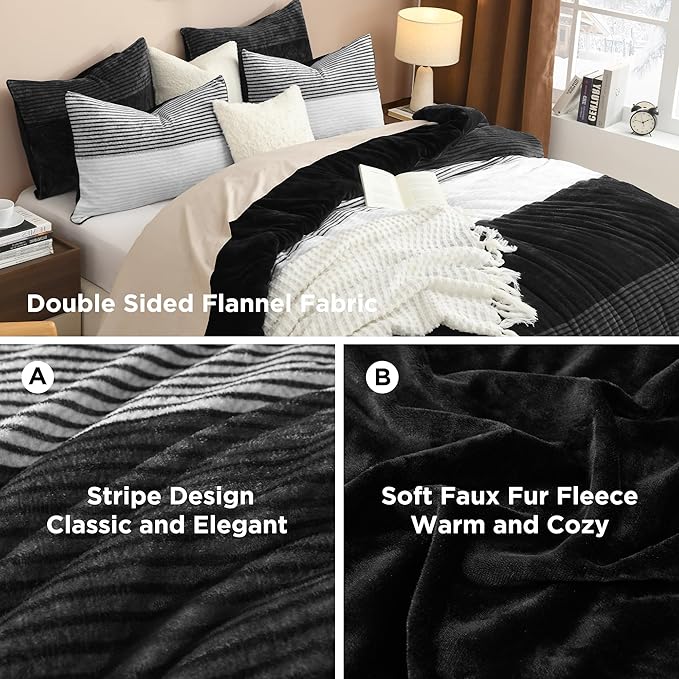 Litanika Fluffy Fleece Twin Comforter Set, Luxury Soft Plush Fuzzy Black & White Stripe Bedding Comforter Sets, Warm Shaggy Faux Fur Bed Set All Season (1 Comforter, 1 Pillowcase)