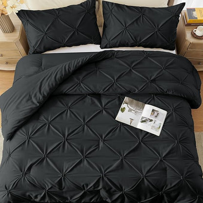 UNIKOME King Size Comforter Set Black - Ultra Soft Boho Pintuck Down Alternative Bedding Set for All Seasons, 3 Pieces Lightweight Warm Pinch Pleat Bed Set with Comforter, 2 Pillowcases