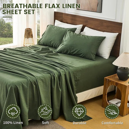 Bedlifes 100% French Linen Sheets King Size 18-24”Extra Deep Pocket 4-Piece Set Breathable & Moisture-Wicking,Soft & Durable Sheets for Thick Mattresses((Forest Green)