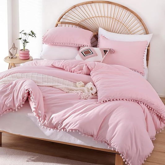 YIRDDEO Twin Comforter Set - Comforter Twin Size Bed with Ball Pom Fringe, Soft Bedding Set for All Seasons - 2 Pieces, 1 Comforter (66"x90") & 1 Pillow Sham(20"x26"), Dust Pink