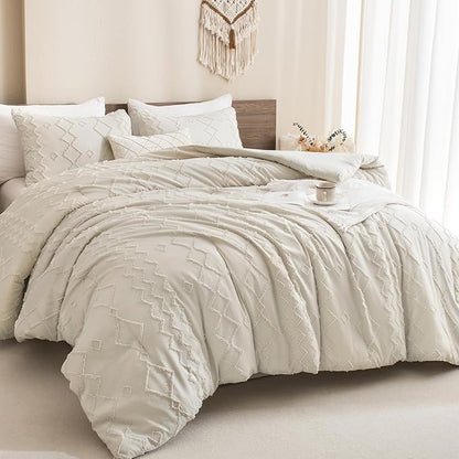 Andency King Comforter Set Beige, Textured Farmhouse 3 Pieces (1 Boho Comforter, 2 Pillowcases), Soft Microfiber Down Alternative Geometric Bedding Set (104x90 Inch)