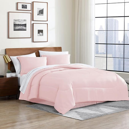 Cathay Home Basic Bedding Home Essential Ultra Soft Lightweight 8PC Wrinkle Resistant Microfiber Bed in a Bag Set (Includes Complete Sheet Set, Comforter Set & Bedskirt) - King, Rose Blush