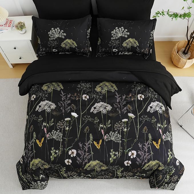Yiran Black California King Comforter Set, 7 Piece Dandelion Botanical Comforter Bedding Set, Spring Bed in a Bag, Soft Microfiber Complete Bedding Set with Sheets for All Season