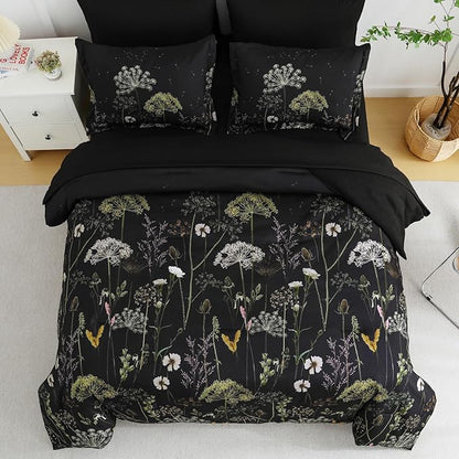 Yiran King Size Comforter Set, 7 Piece Comforter Floral Black Green Bedding Set, Soft Bed in a Bag King, Comforter, Sheets, Pillowcases & Shams