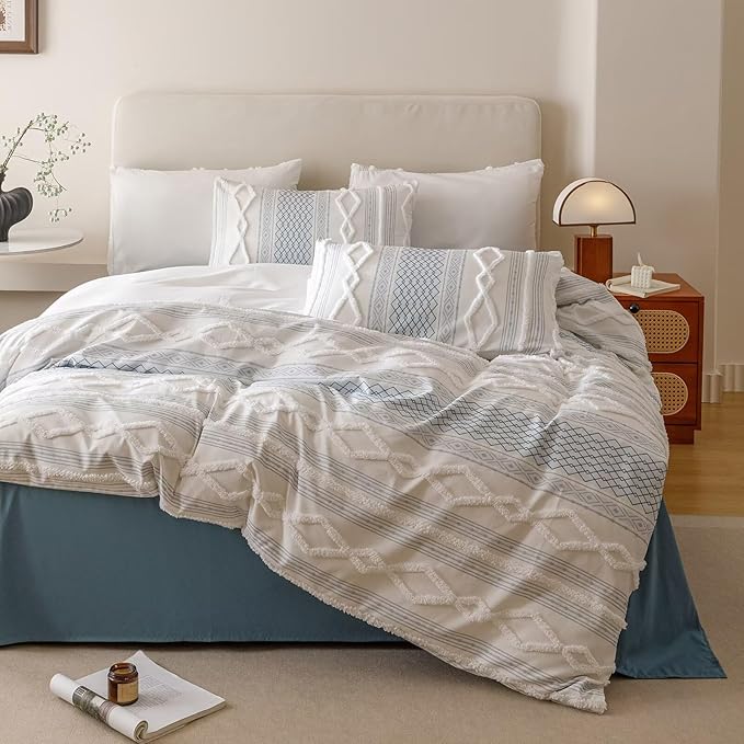 Houseri Tufted Blue Comforter Set King Jacquard Bedding Shabby Chic Farmhouse Bed Sets King