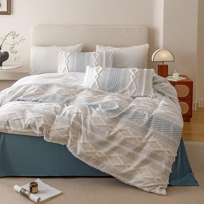 Houseri Tufted Blue Comforter Set King Jacquard Bedding Shabby Chic Farmhouse Bed Sets King