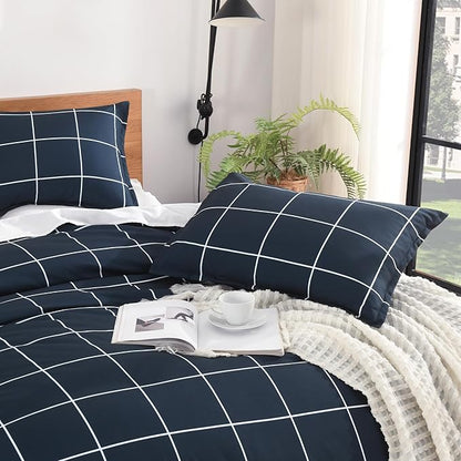 Andency Navy Plaid Comforter Full(79x90Inch), Dark Blue Grid Gingham Buffalo Plaid Bed Set for Boys Kids Teens, 3 Pieces Lightweight Microfiber Geometric Preppy Bedding