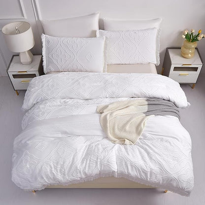Boho King Size Comforter Set White 3 Pieces Tufted Tassel King Comforter Set Prime Lightweight Down Comforter King Size White Farmhouse Boho Bedding Shabby Chic Fluffy Comforter Bed Set Gift Choice