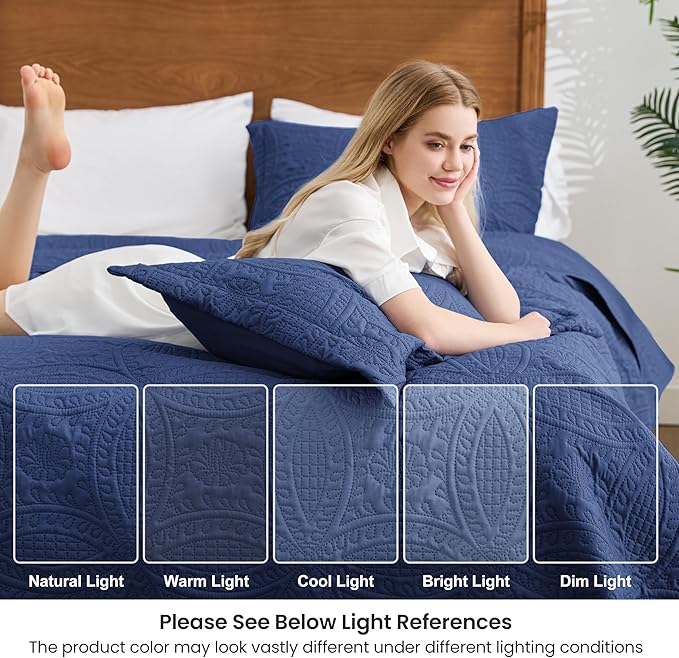 Love's cabin Oversized King Size Quilt Bedding Set Navy Bedspreads - Oversized King Lightweight Bedspread Comforter - Coin Pattern Coverlet for All Season - 3 Pieces (1 Quilt, 2 Pillow Shams)