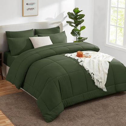 CozyLux Full Size Comforter Sets Olive Green, 7 Pieces Bed in a Bag, Green Comforter Full Size, All Season Bedding Sets with Stitch Quilted Comforter, Flat Sheet, Fitted Sheet, Pillowcases