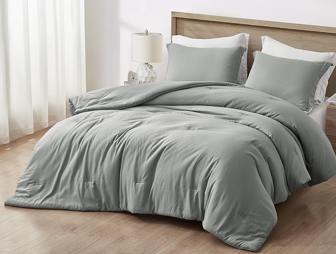 Chezmoi Collection Cliff 3-Piece Lightweight Cooling Comforter Set, King - Rayon Derived from Bamboo & Polyester Blended, Soft Breathable Bedding for Hot Sleepers, Light Gray