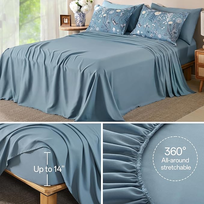 Yiran Blue Comforter Set Queen Size, 7 Piece Floral Comforter Bedding Set, Botanical Farmhouse Bed in a Bag, Soft Microfiber Complete Bedding Set with Sheets for All Season