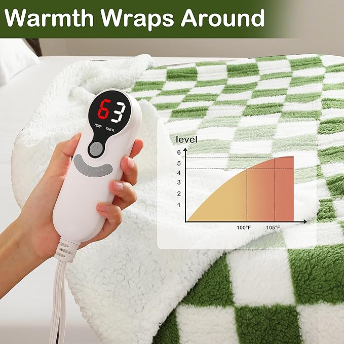 Electric Heated Blanket Full Size 72"×84" with 9 Heating Levels & 1-10Hs Auto Off, Checkered Plaid Double Sided Sherpa, Energy Efficient, Machine Washable, for Couch & Bed, Light Green