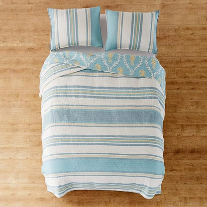 Levtex Home - Kailua Quilt Set - Queen Quilt + Two Standard Pillow Shams - Stripe - Blue Teal Taupe Cream - Quilt (88x92in.) and Pillow Shams (26x20in.) - Reversible - Cotton Fabric