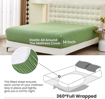 Simple&Opulence Belgian Linen Sheet Set Solid Color - 4 Pieces (1 Flat Sheet & 1 Fitted Sheet & 2 Pillowcases) Natural Flax Cotton Blend Soft Bedding Breathable Farmhouse - Khaki Green, Queen Size