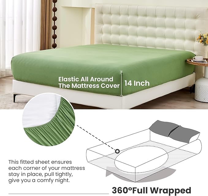 Simple&Opulence Belgian Linen Sheet Set Solid Color - 3 Pieces (1 Flat Sheet & 1 Fitted Sheet & 1 Pillowcase) Natural Flax Cotton Blend Soft Bedding Breathable Farmhouse - Khaki Green, Twin Size