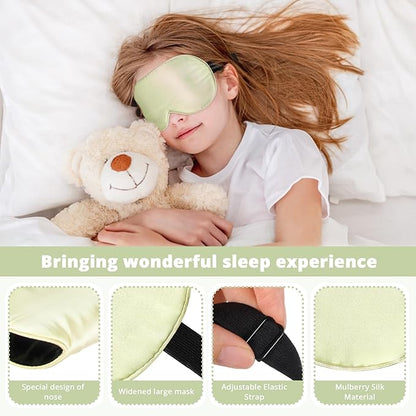 Kids Sleep Mask Eye Cover, 100% Real Natural Pure Silk Eye Mask with Adjustable Strap, Blindfold Kids Eye Mask for Sleeping, Eye Shade for Boys Girls and Adult, Pressure-Free Comfort (Light Green)