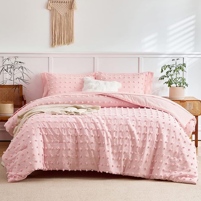 7 Pieces Tufted Dots Bed in a Bag King Comforter Set with Sheets Pink , Soft and Embroidery Shabby Chic Boho Comforters, Solid Color with Pom Pom Design, Jacquard Tufts Bedding Set for All Season