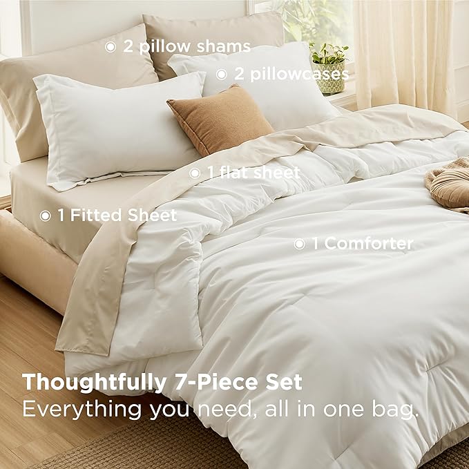 Bedsure Full Comforter Set - 7 Pieces White Full Bedding Set for All Seasons, Boho Contrasting Design Bed in a Bag with Comforter, Sheets, Pillowcases & Shams