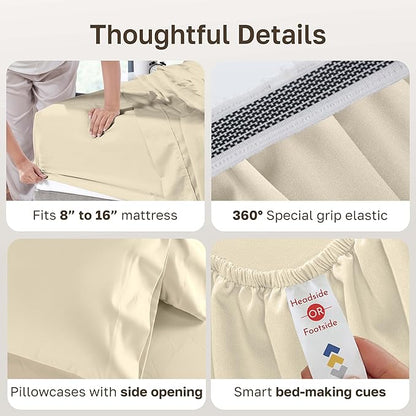 California Design Den Thick and Natural 100% Cotton Sheets King Size Set - 1000 Thread Count Sateen, Deep Pocket King Bed Sheet Set, Durable Bedding - Ivory (Creamy Beige Tone)