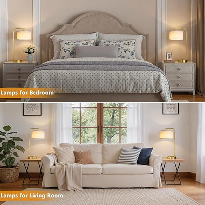 Innqoo Bedside Table Lamps for Bedroom Set of 2-Dimmable Nightstand Lamps with USB Port and Outlet,Modern Gold Lamps with Linen Shade,Tall Desk Lamps for Home Office Bedroom Living Room End Table
