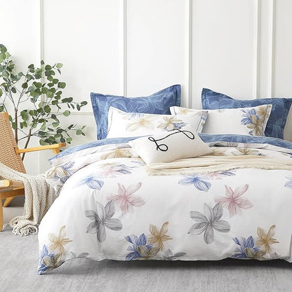 Natural Cotton 3pcs Floral Comforter Sets Queen Size - Grayish White Comfoter with Blush & Tan Floral Print, Aegean Blue Reverse, Vintage Lightweight Bedding Sets(Queen 90"×90")