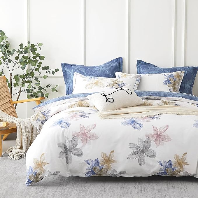 Natural Cotton 3pcs Floral Comforter Sets King Size - Grayish White Comfoter with Blush & Tan Floral Print, Aegean Blue Reverse, Vintage Lightweight Bedding Sets(King 104"×90")