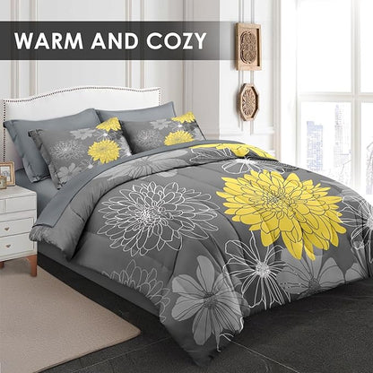 Comforter Set Queen Size, Vintage Flower 7 Pcs Bedding for Kids and Adults, Yellow Botanical Floral Bed Sheet Sets with Fitted Sheet 2 Pillowcases & 2 Shams