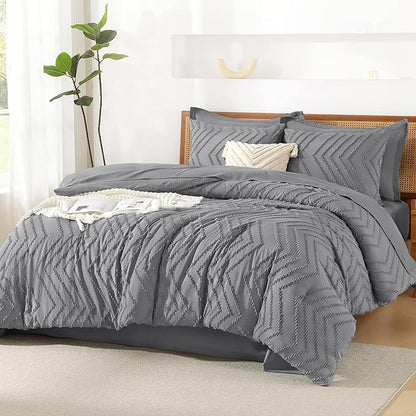 Litanika California King Size Comforter Set with Sheets Medium Gray - 7 Pieces Bed in a Bag Cal King Chevron Tufted Complete Bedding Sets with Comforter, Sheets, Pillowcases & Shams