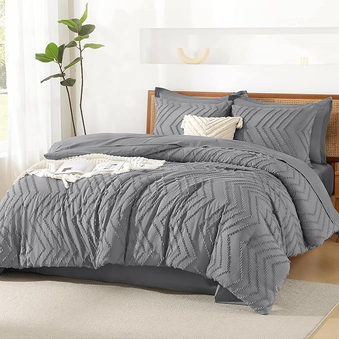 Litanika King Size Comforter Set with Sheets Medium Gray - 7 Pieces Bed in a Bag King Chevron Tufted Complete Bedding Sets with Comforter, Sheets, Pillowcases & Shams