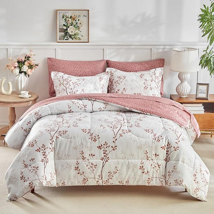 AIKASY King Comforter Set 7 Pieces- Soft Microfiber, Reversible Cute Floral Bedding Comforter Sets (1 Comforter, 2 Pillow Shams, 1 Flat Sheet, 1 Fitted Sheet, 2 Pillowcases)