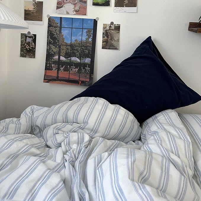 mixinni Vintage Light Blue & White Striped Comforter Set Queen Size - Soft Washed Cotton 3-Piece Bedding Set (1 Comforter + 2 Pillowcases), Retro Geometric Pattern, All-Season Breathable & Fluffy