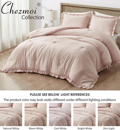 Chezmoi Collection Nora Blush Comforter Set King Size 3-Piece Fluffy Soft Stone-Washed Ruffled Shabby Chic Bedding for All Season