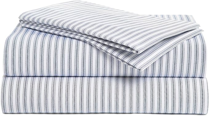Peru Pima 415 Thread Count Percal Twin Sheet Set - 100% Peruvian Pima Cotton, 3 Piece (Flat, Fitted, 1 Pillowcase) - Cooling, Crisp, Deep Pocket, Hotel Quality Bedding - Nautical Stripe Blue