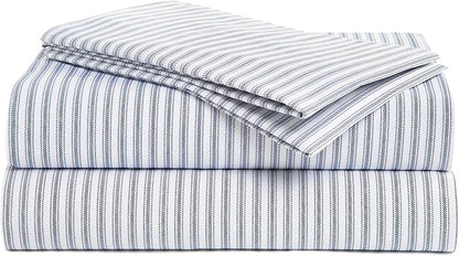 Peru Pima 415 Thread Count Percal Twin Sheet Set - 100% Peruvian Pima Cotton, 3 Piece (Flat, Fitted, 1 Pillowcase) - Cooling, Crisp, Deep Pocket, Hotel Quality Bedding - Nautical Stripe Blue
