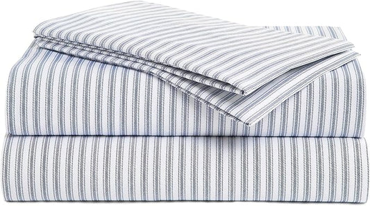 Peru Pima 415 Thread Count Percal Twin Sheet Set - 100% Peruvian Pima Cotton, 3 Piece (Flat, Fitted, 1 Pillowcase) - Cooling, Crisp, Deep Pocket, Hotel Quality Bedding - Nautical Stripe Blue
