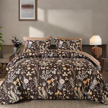 Yiran Brown Comforter Set Queen Size, 7 Piece Floral Comforter Bedding Set, Farmhouse Bed in a Bag, Soft Microfiber Complete Bedding Set with Sheets for All Season