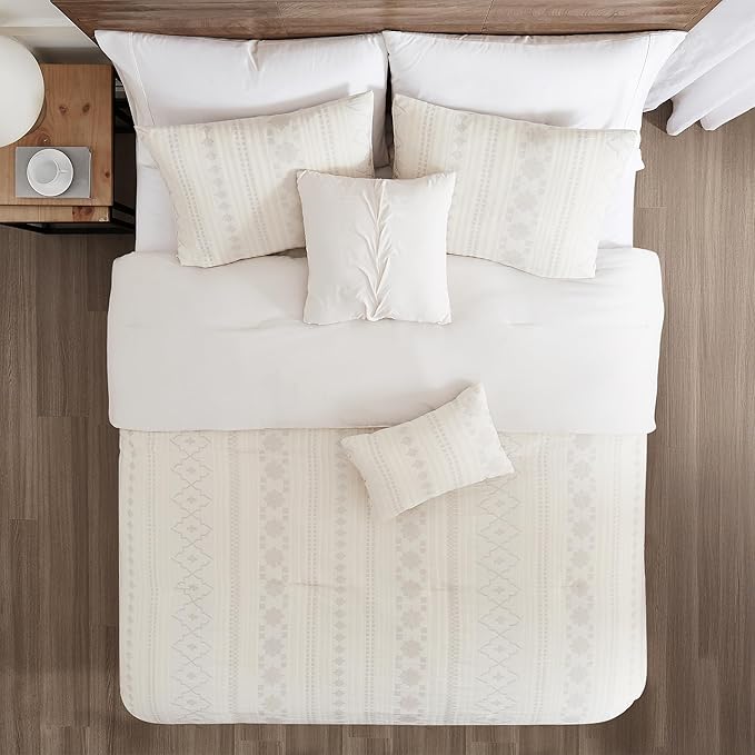 Modern Threads Marcy Ivory Jacquard Comforter Set – 5 Piece Sandstone-Inspired Bedding with Decorative Pillows & Shams, Elegant Soft Textured Bed Set for All Seasons, King