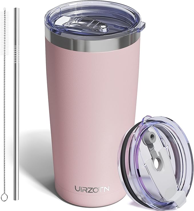 Travel Coffee Tumbler 20oz, Leakproof Travel Coffee Mug with Dual Lids and Straw, Stainless Steel Double Wall Vacuum Insulated Tumbler for Hot/Iced Drinks (Soft Pink, Textured Matte)
