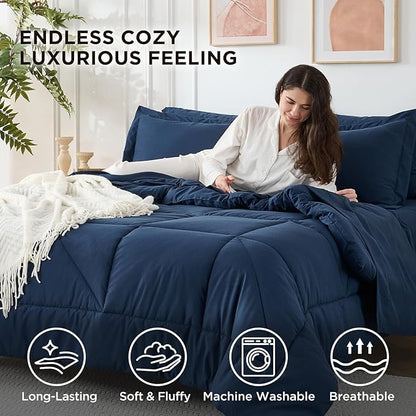 5 Pieces Twin Comforter Set - Utral Soft Microfiber Bedding Set, Thick Duvet Insert Bed in a Bag Without Rustling Noise for All Season, Navy (68"x88")