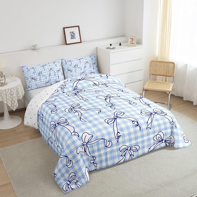 Feelyou Kawaii Bow Bedding Set Plaid Girls Bow Comforter Set for Kids Boys Girls Teens Room Decor Cute Bowknot Comforter King Size Lovely Grid Duvet Set 3Pcs