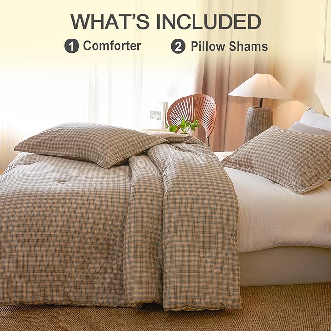 100% Cotton Comforter Set Queen Size – Reversible Yarn-Dyed Checkered Design, Soft Washed Cotton on Both Sides, Lightweight All-Season Bedding, Machine Washable(Beige Plaid, 90”x90”)