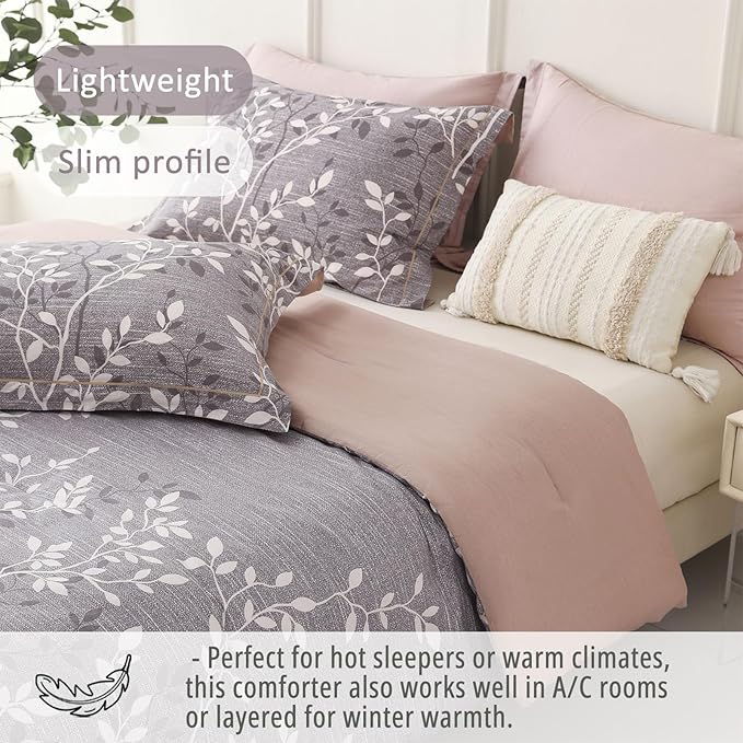 Vintage Gray Cotton Comforter King Size 3Pcs - Luxurious Design with White & Charcoal Branches Pattern, Elegant Dusty Pink Reversible Lightweight Bedding Sets with Soft Fill(104"×90")