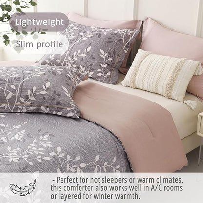 Vintage Gray Cotton Comforter King Size 3Pcs - Luxurious Design with White & Charcoal Branches Pattern, Elegant Dusty Pink Reversible Lightweight Bedding Sets with Soft Fill(104"×90")