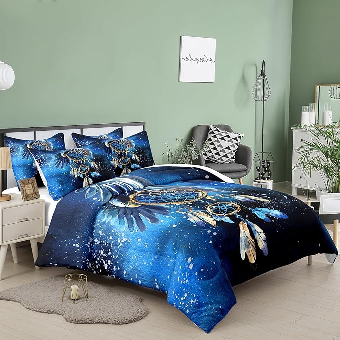 Tailor Shop Dream Catcher Comforter Sets Queen Size Blue Mandala Bedding Sets Bohemian Comforter Set for Kids Teens Girls Adults Galaxy Dream Catcher Bedding Sets with 1 Comforter 1 Pillowcases