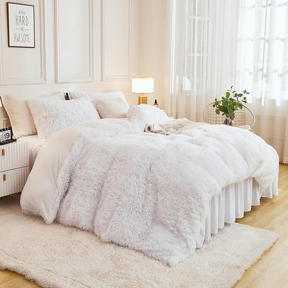 Andency Faux Fur White Comforter King Size, 3 Pieces Fluffy Fuzzy Plush Bedding Comforter Set (1 Shaggy Velvet Comforter & 2 Pillowcases), Soft Puffy Comfy Down Alternative Comforter Bedding Set