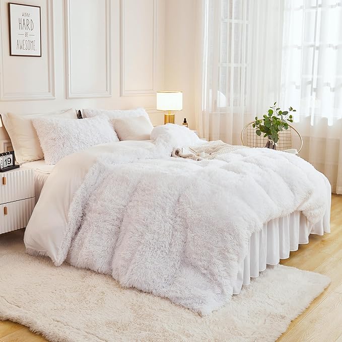 Andency Faux Fur White Comforter Queen Size, 3 Pieces Fluffy Fuzzy Plush Bedding Comforter Set (1 Shaggy Velvet Comforter & 2 Pillowcases), Soft Puffy Comfy Down Alternative Bedding Set